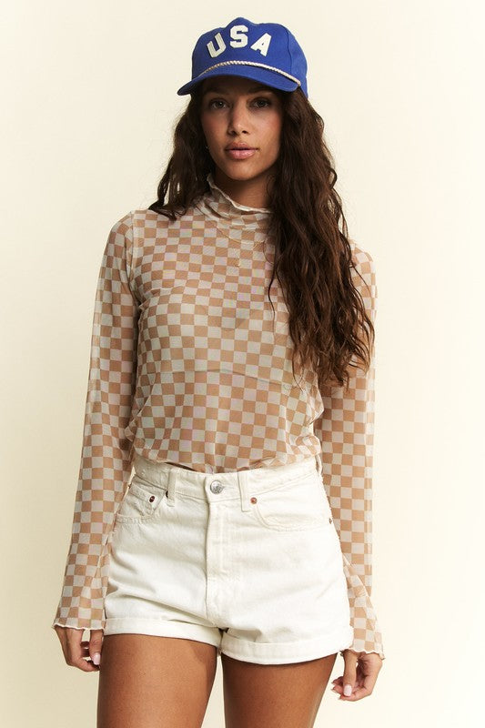 Taupe Checkered Mesh Top