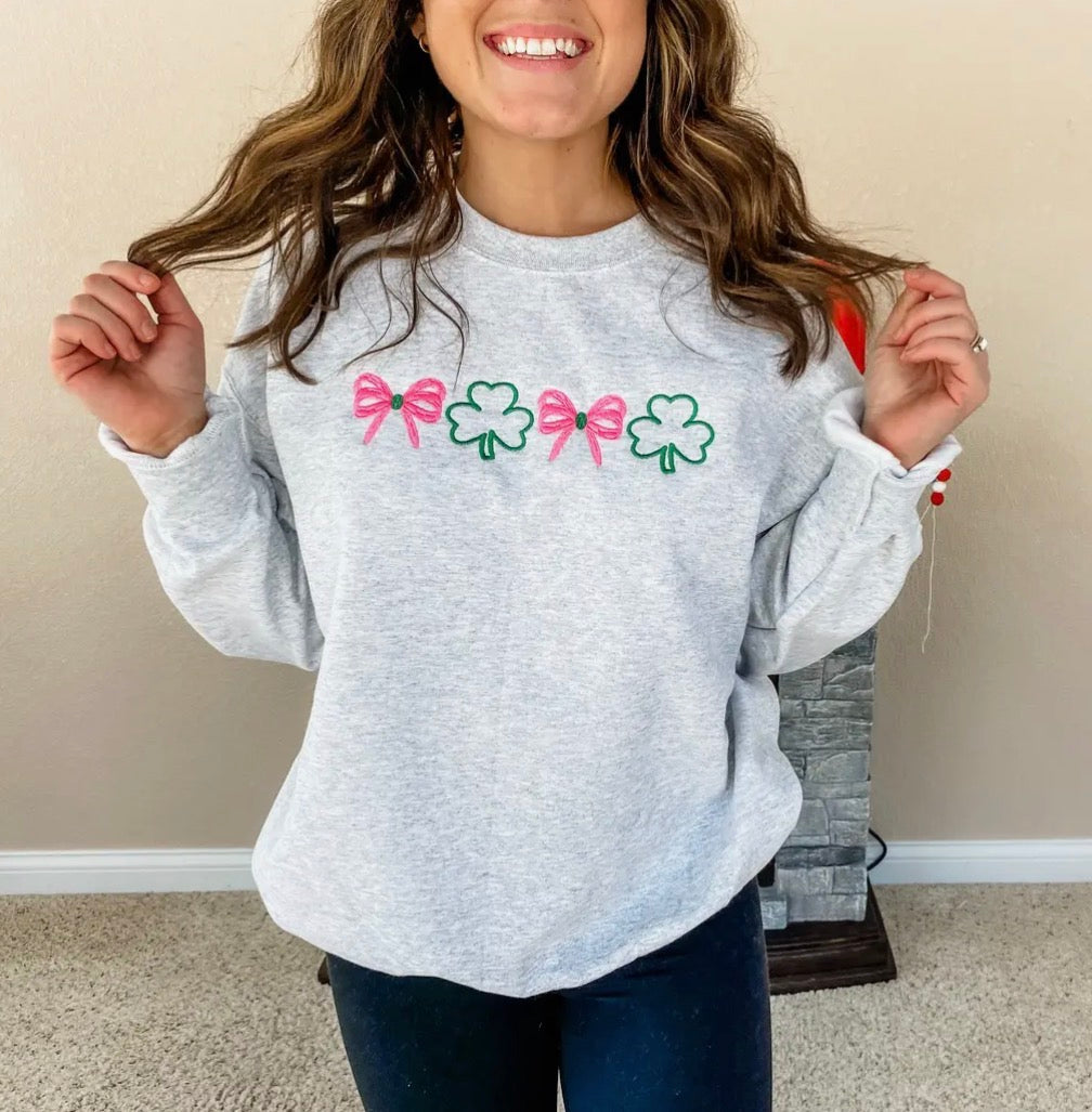 Embroidered Shamrock And Bows Pullover