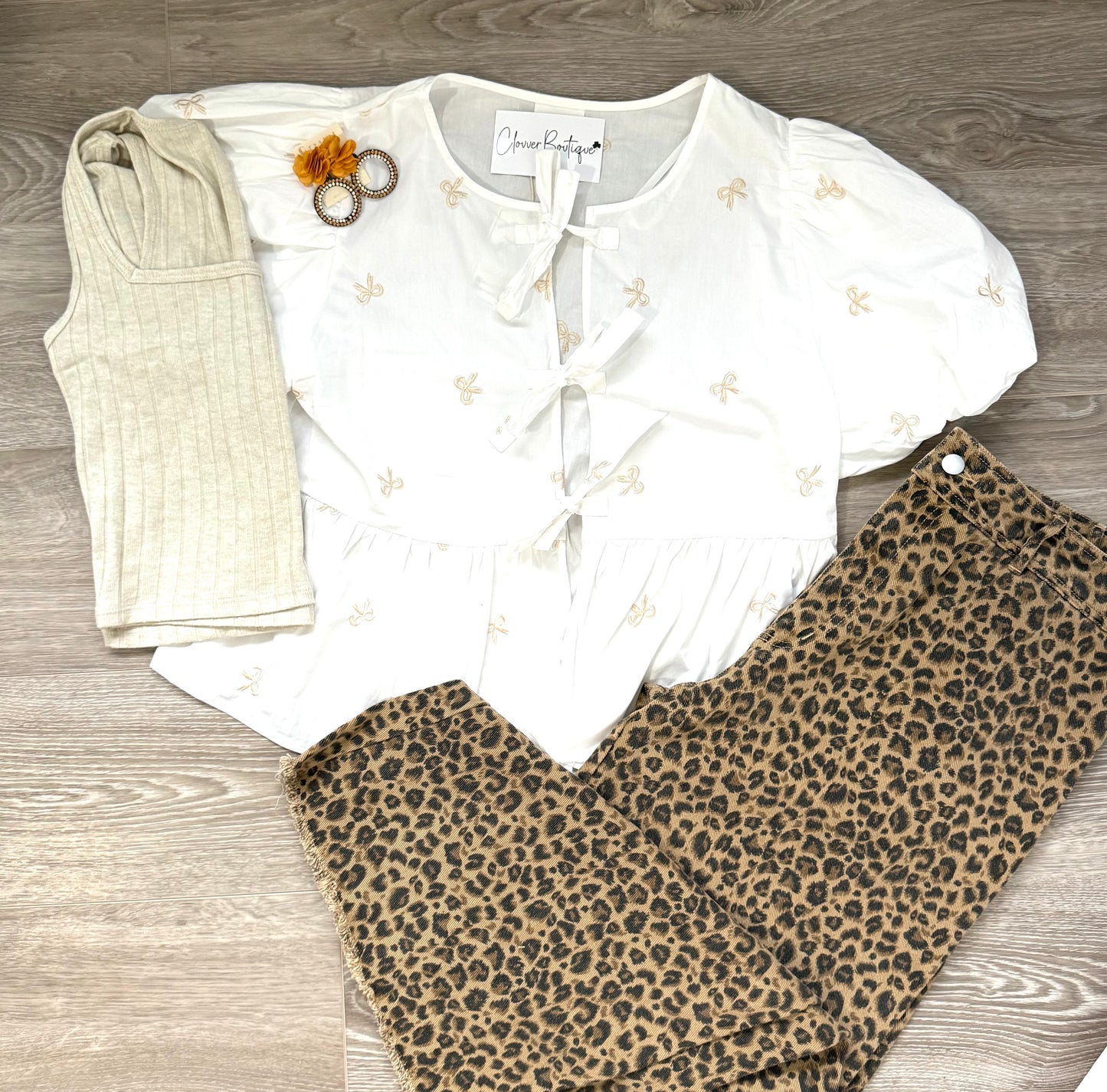 White Blouse With Tan Bows