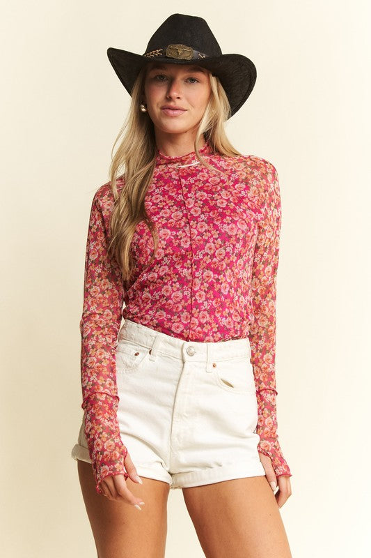 Pink Floral Mesh Top
