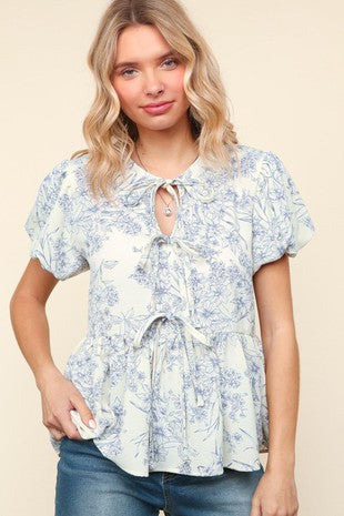 White And Blue Floral Blouse