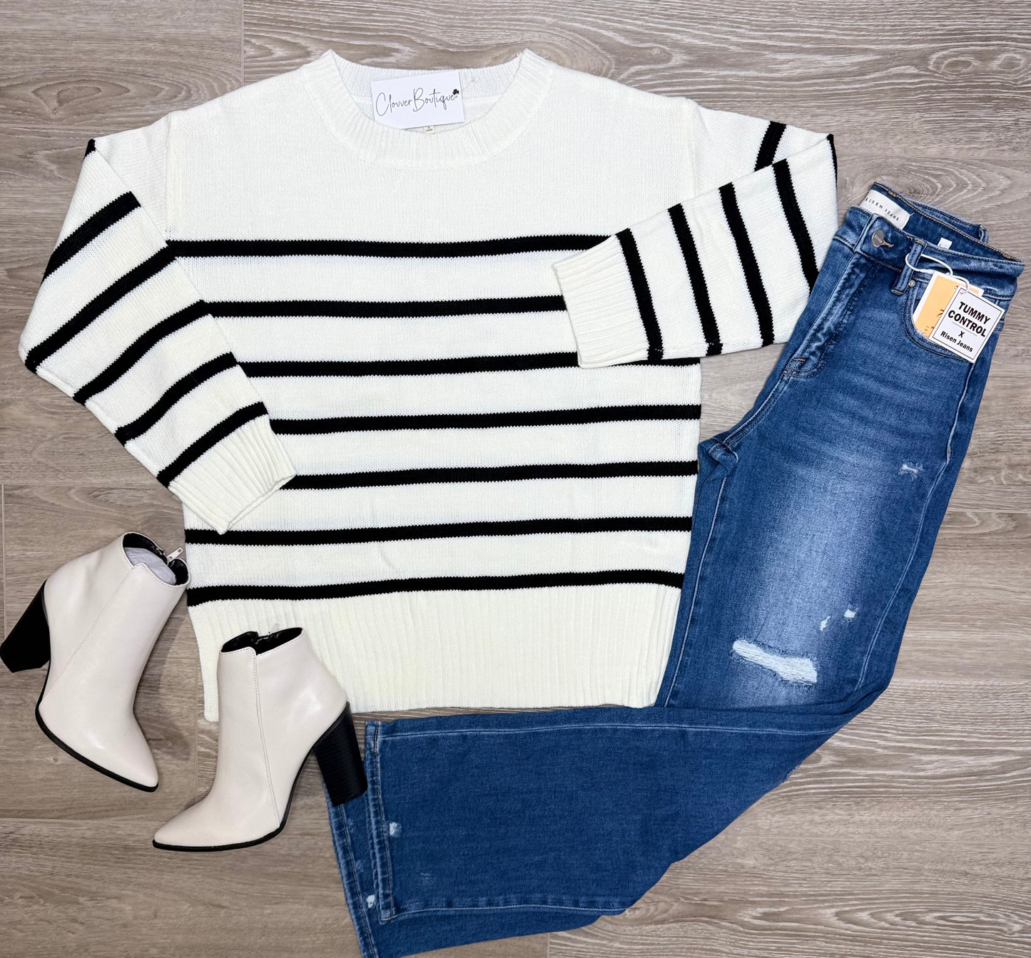 White And Black Striped Sweater Top