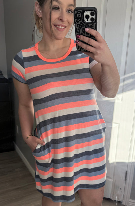 Blue & Coral Striped Dress