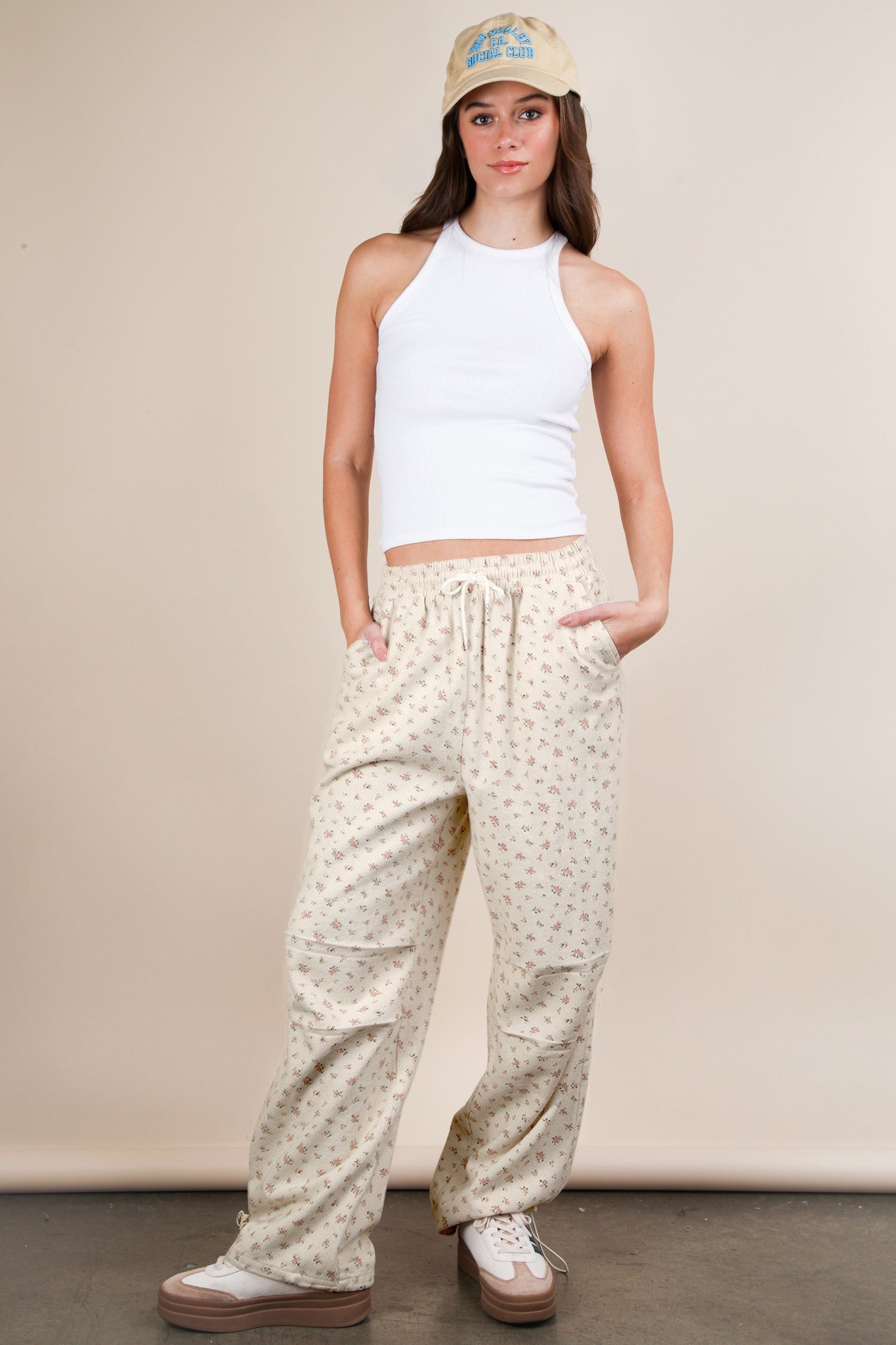 Oatmeal Pants With Pink Flowers