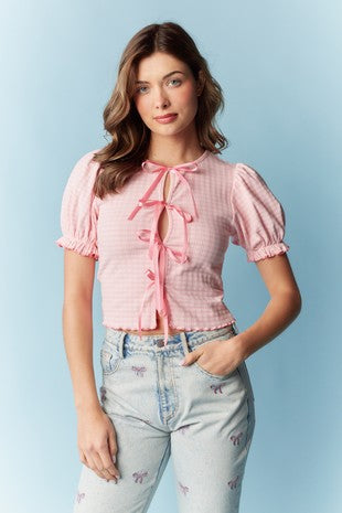 Pink Plaid Bow Blouse