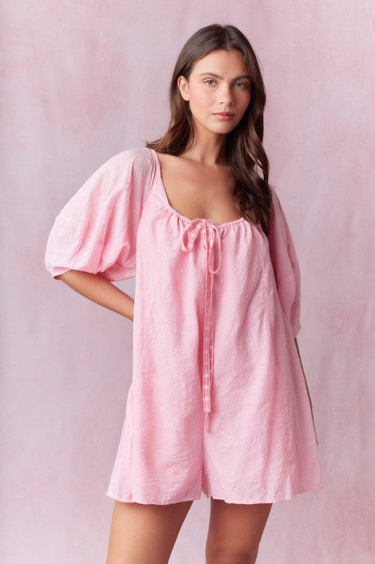 Bow Embroidered Pink Romper