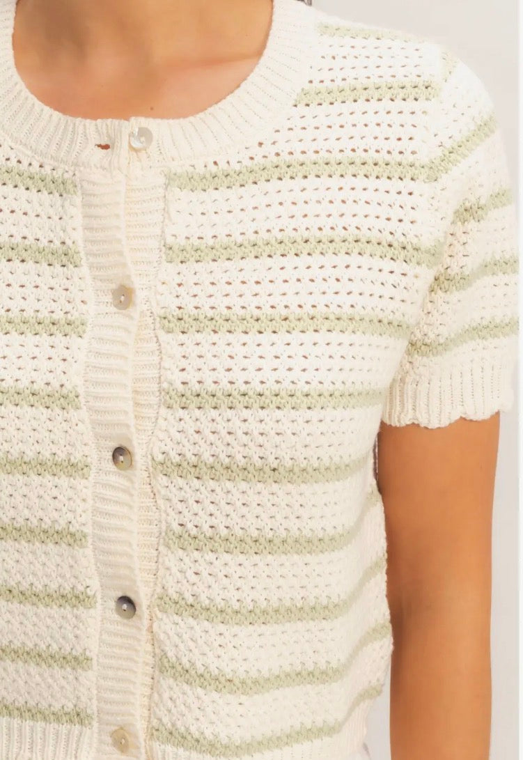 Sage Green Striped Short Sleeve Cardigan