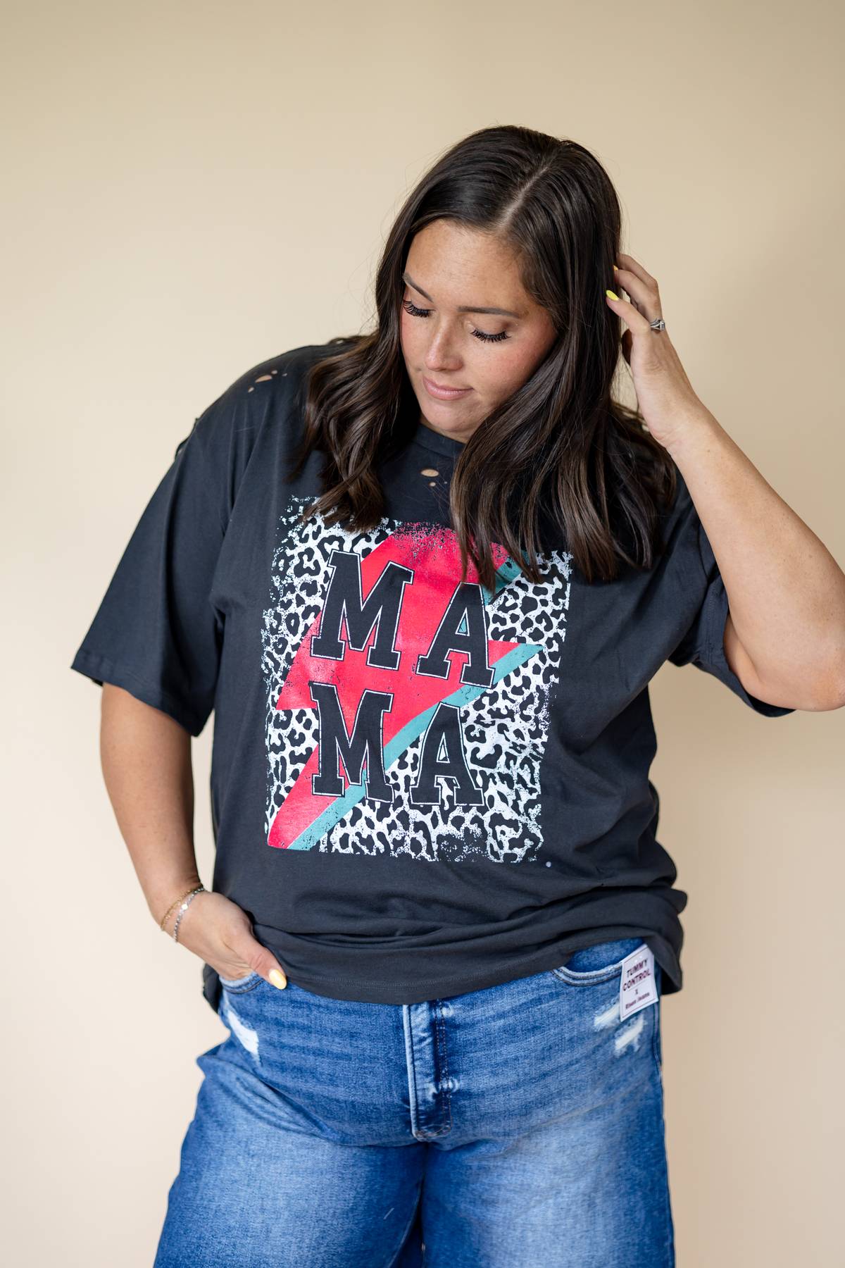 Mama Lightning Bolt Distressed Tee