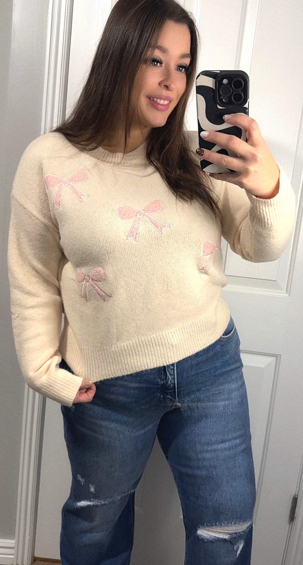 Blush Embroidered Bow Sweater