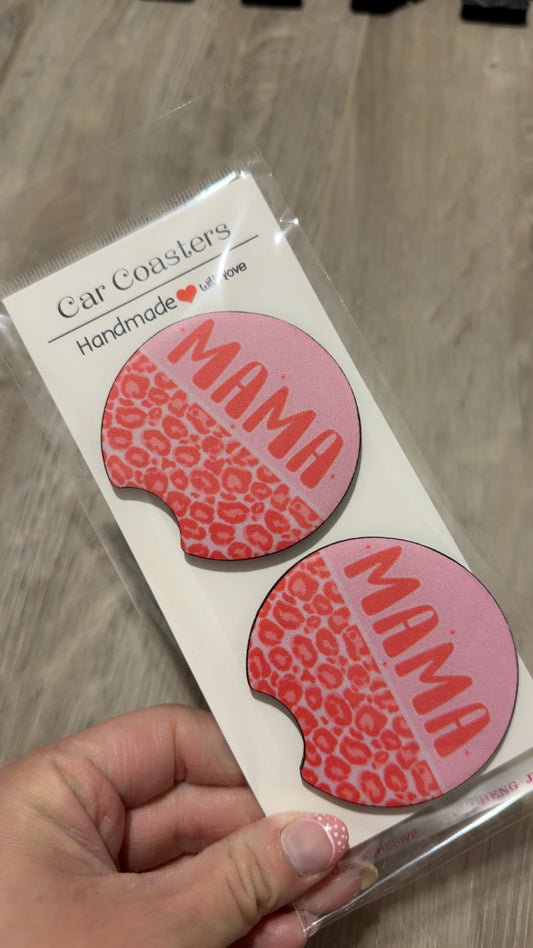 Pink And Red Leopard Mama Car Coaster