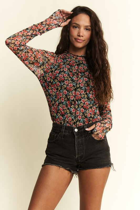 Black Floral Mesh Top