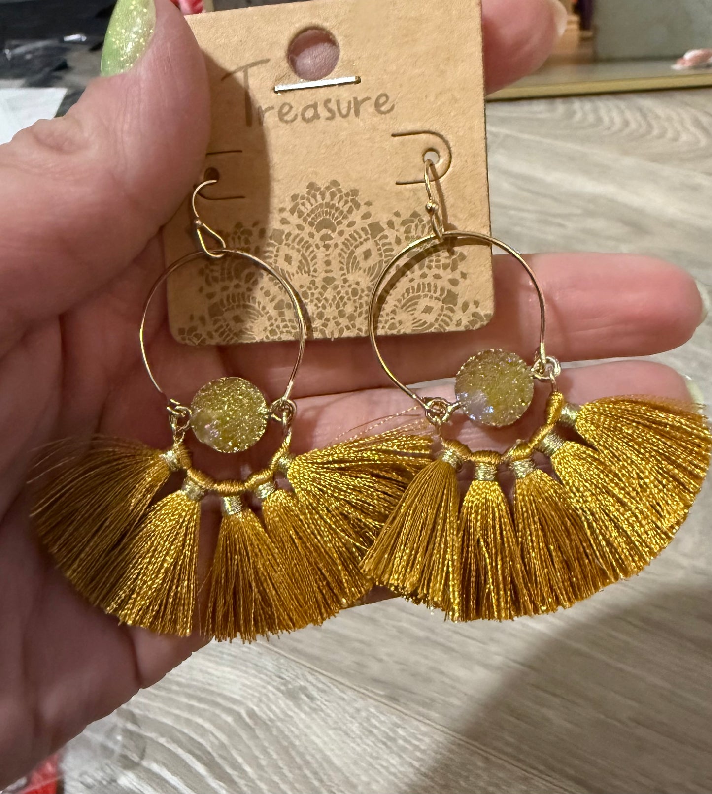 Gold Stone Tassel Earrings