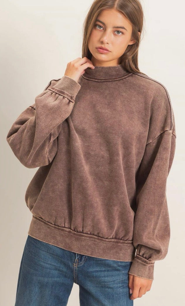Washed Mocha Ribbed Mock Neck Top