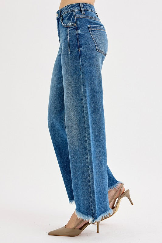 Mid Rise Wide Leg Frayed Hem Risen Jeans
