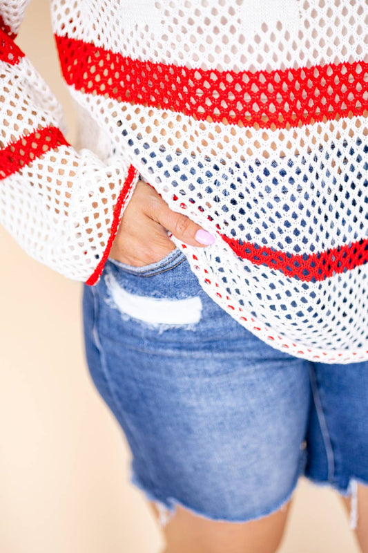 Red And White Striped Crochet Star Top