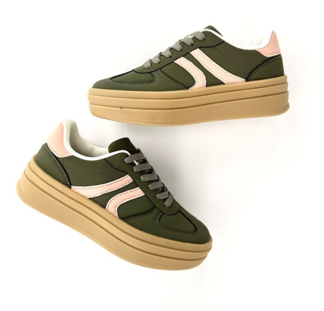 Olive And Coral Platform Sneakers