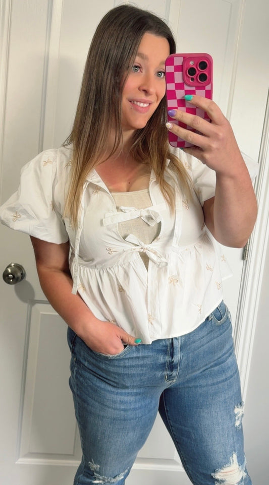 White Blouse With Tan Bows