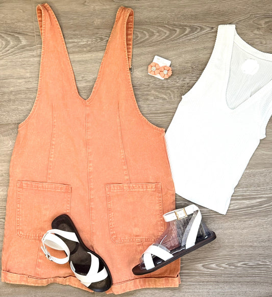 Peach Washed Denim Romper