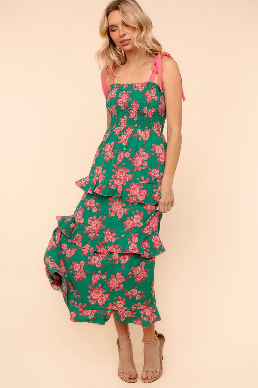 Green And Coral Tiered Maxi Dress