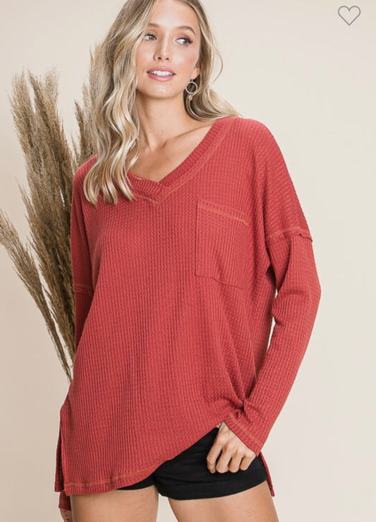 Rust Long Sleeve Waffle Knit