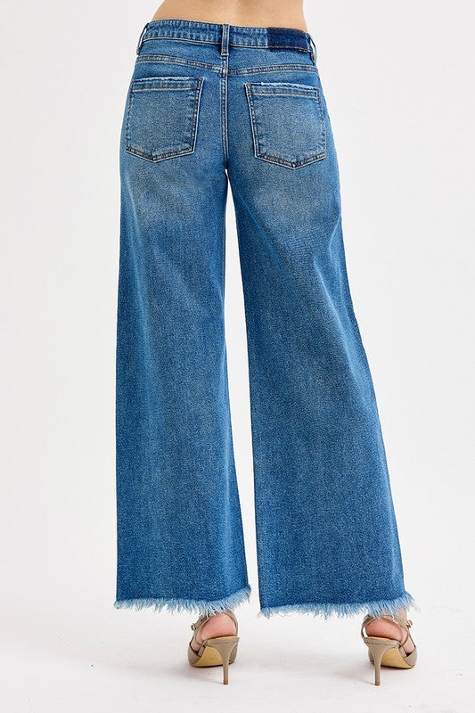 Mid Rise Wide Leg Frayed Hem Risen Jeans