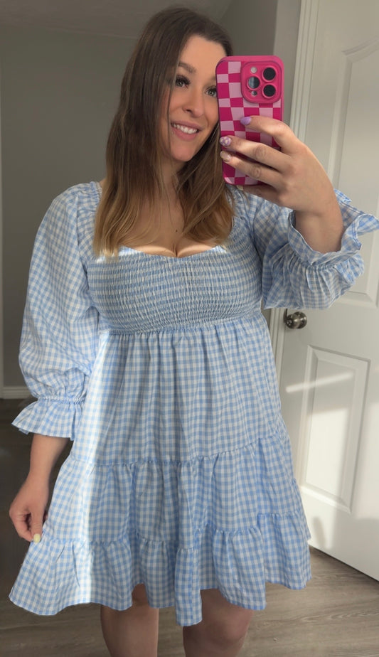 Sky Blue Smocked Gingham Dress