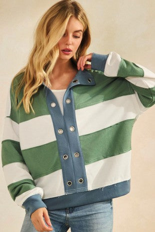 Eyelet Buckle Collared Stripe Top