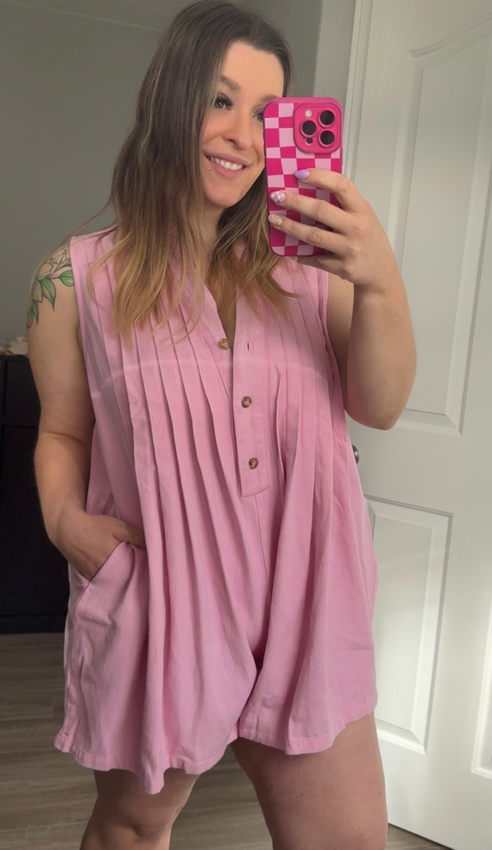 Pink Pleated Jean Romper