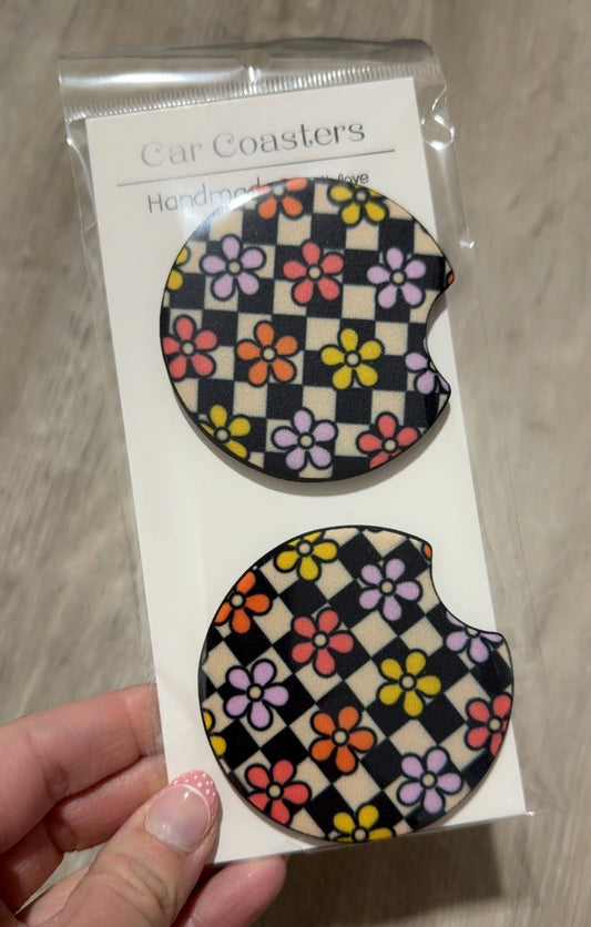 Cream Checkered Flower Car Coasters