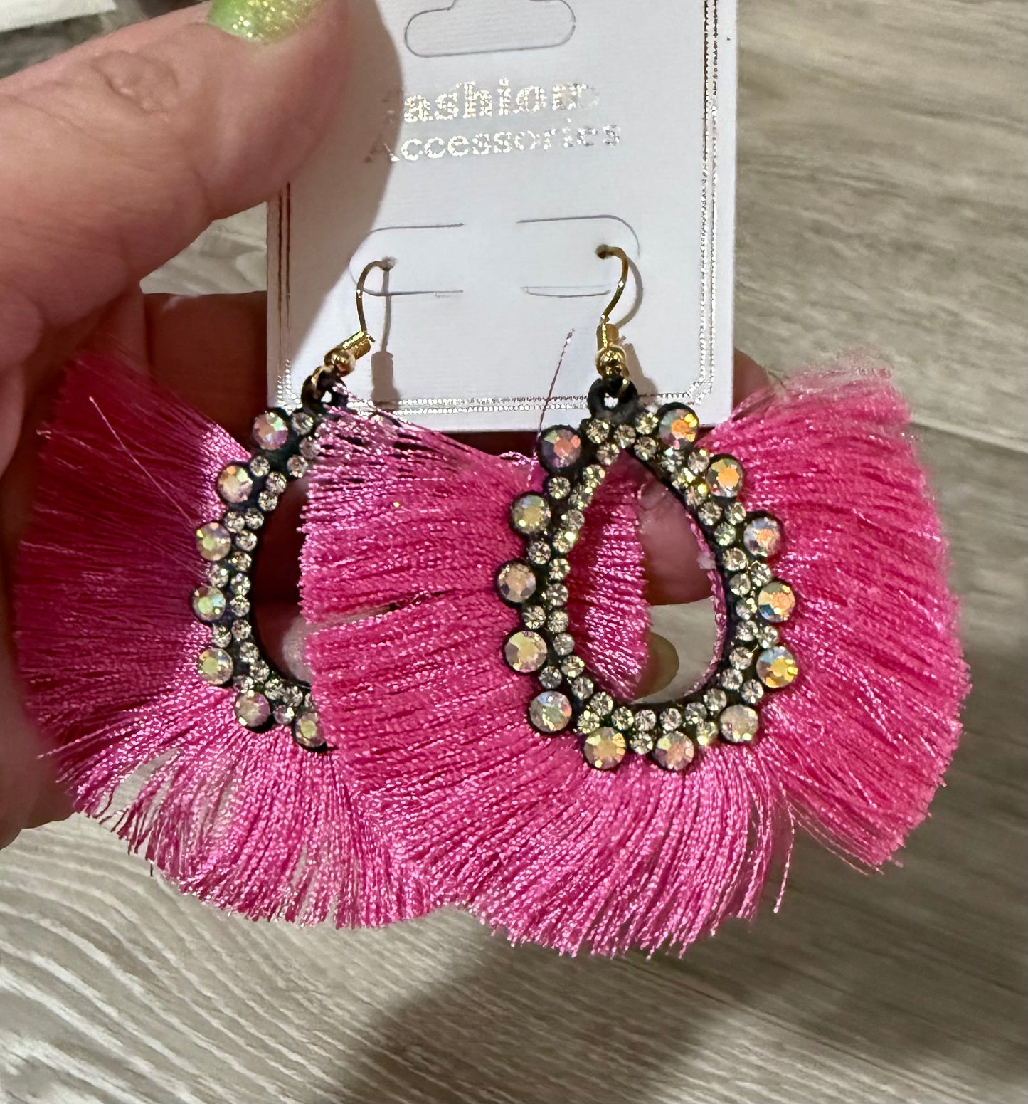 Pink Gem Tassel Earrings