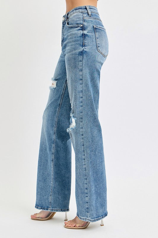 Medium Wash High Risen Wide Ripped Risen Jeans
