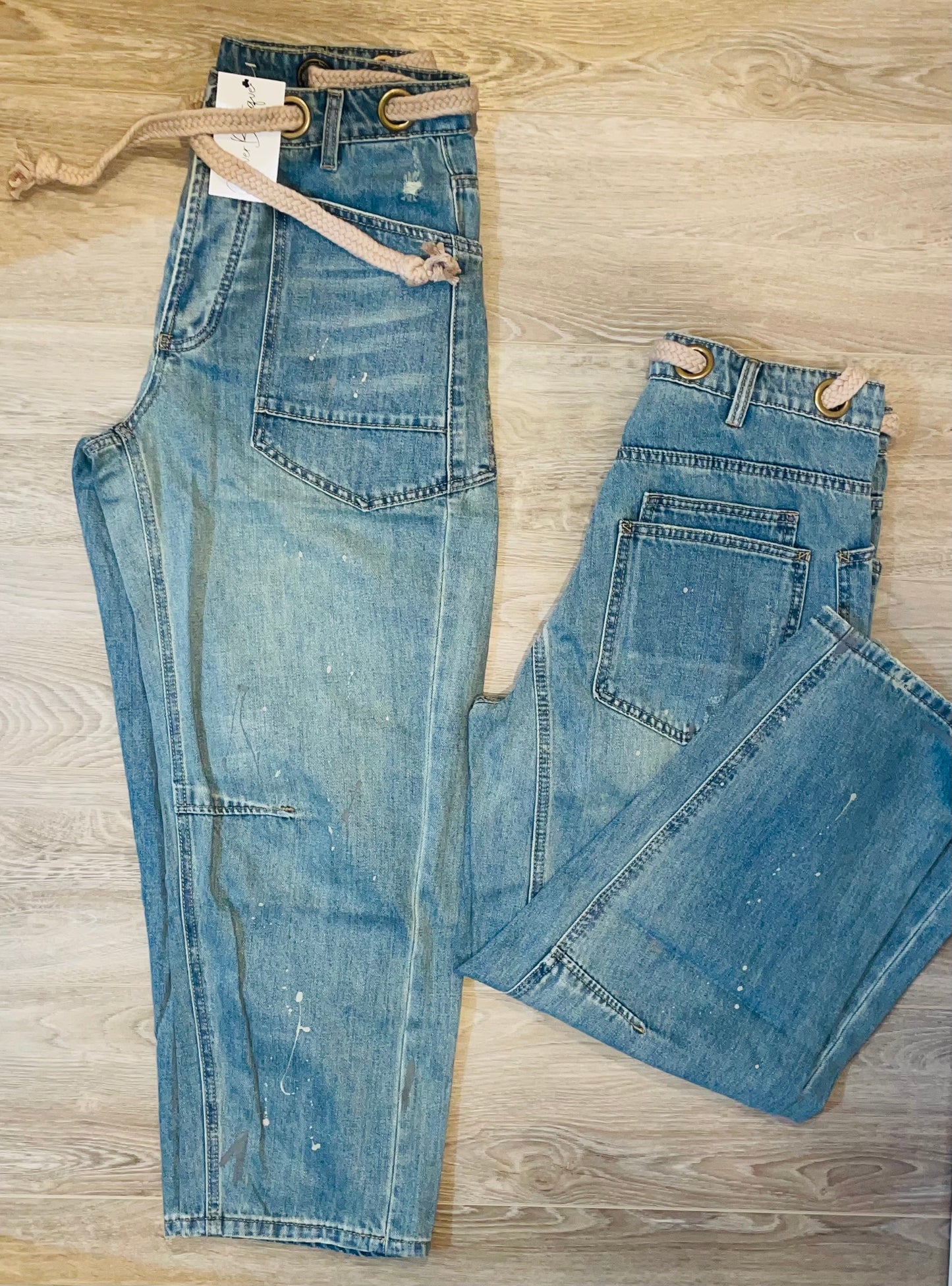 Braided Waist Belt Paint Drip Barrel Jeans