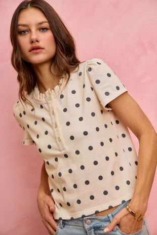 Ruffle Trim Black And White Polka Dot Top