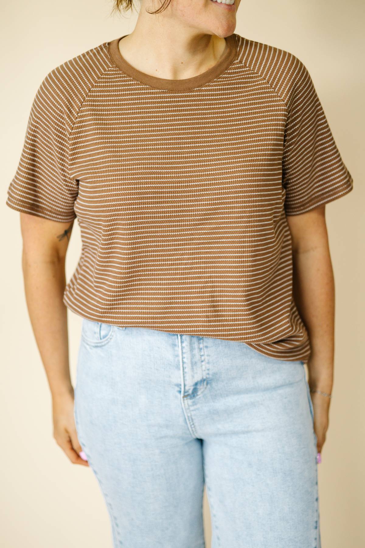 Brown Textured Stripe Raglan Top