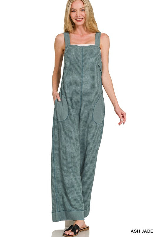 Jade Waffle Knitted Overalls