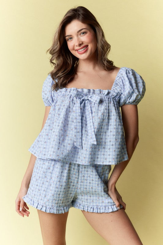 Blue Floral Gingham Set