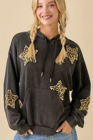 Mineral Wash Leopard Star Patch Hoodie