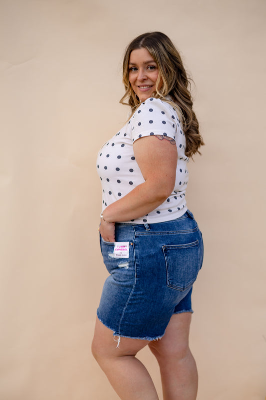 Ruffle Trim Black And White Polka Dot Top