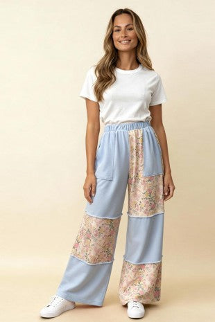 Blue Floral Colorblock Pants