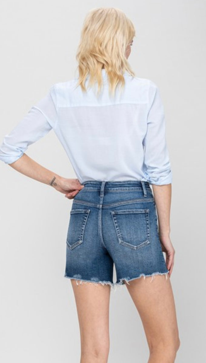 High Rise 5 Button Fly Raw Hem Shorts