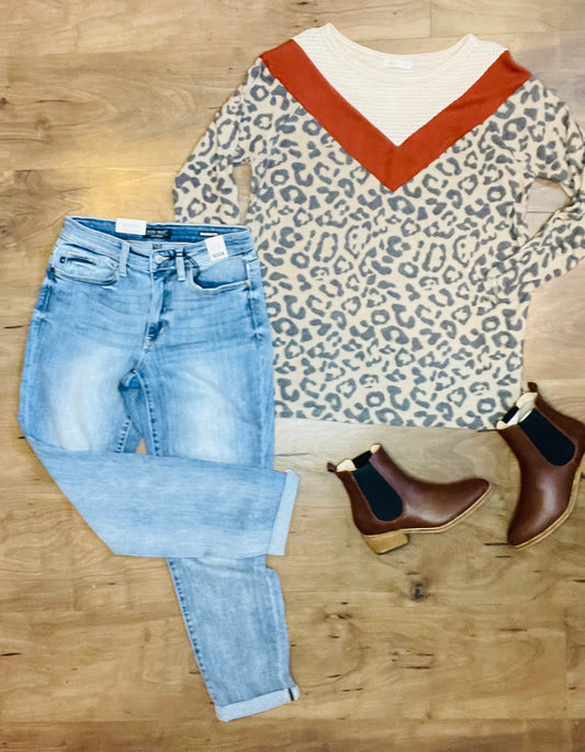 Chevron Leopard Waffle Knit Top