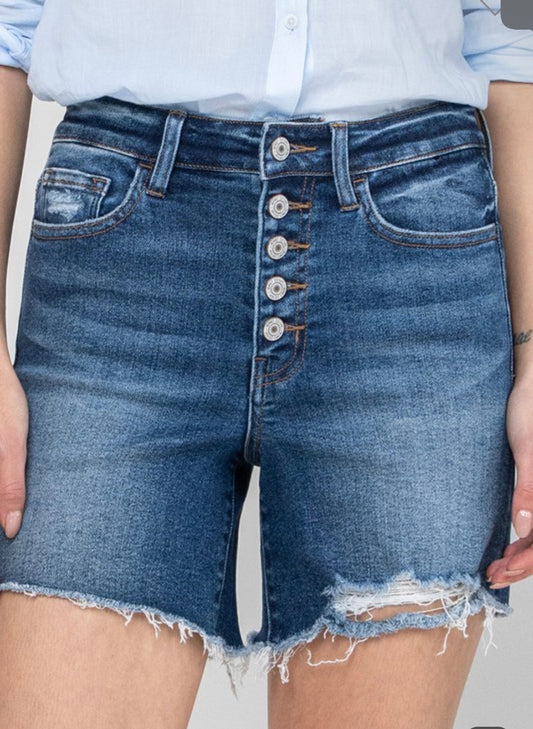 High Rise 5 Button Fly Raw Hem Shorts