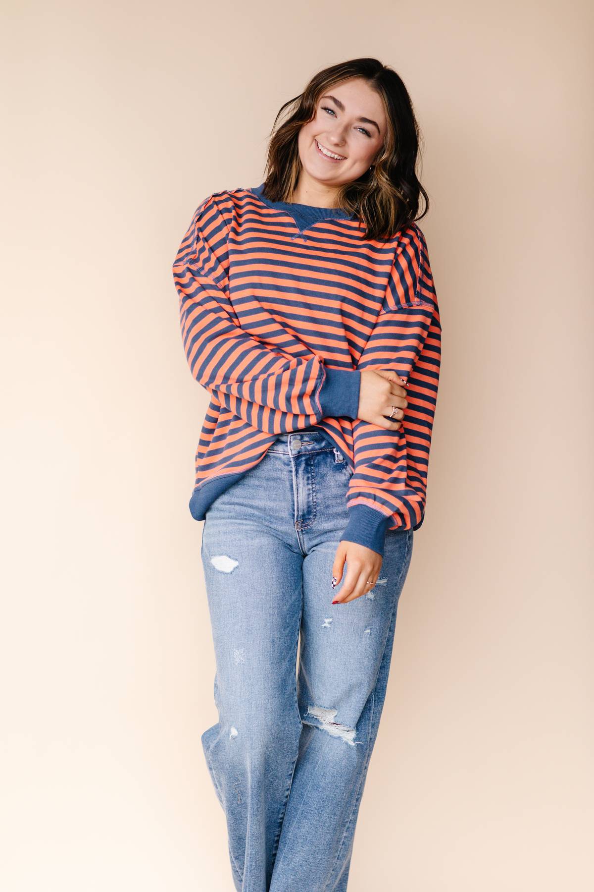 Coral And Navy Striped Oversized Top