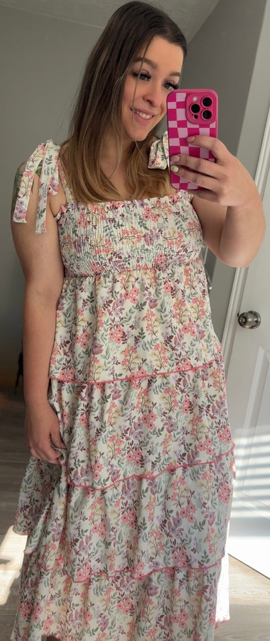 Smocked Floral Print Midi Dress