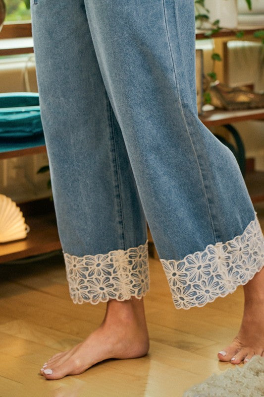 Floral Lace Trim Denim Pants