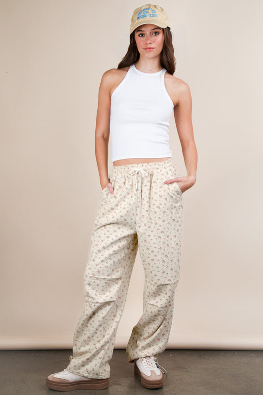 Oatmeal Pants With Pink Flowers