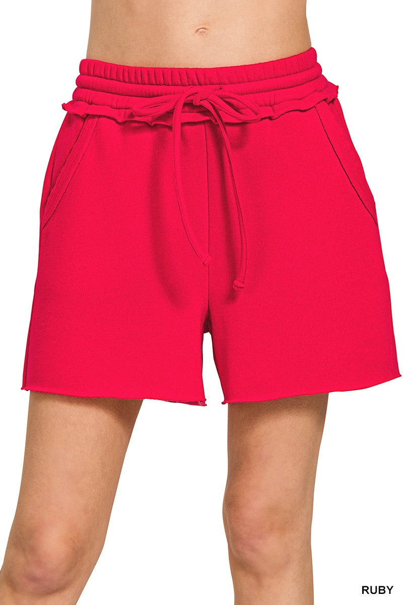 Fleece Raw Hem Drawstring Shorts