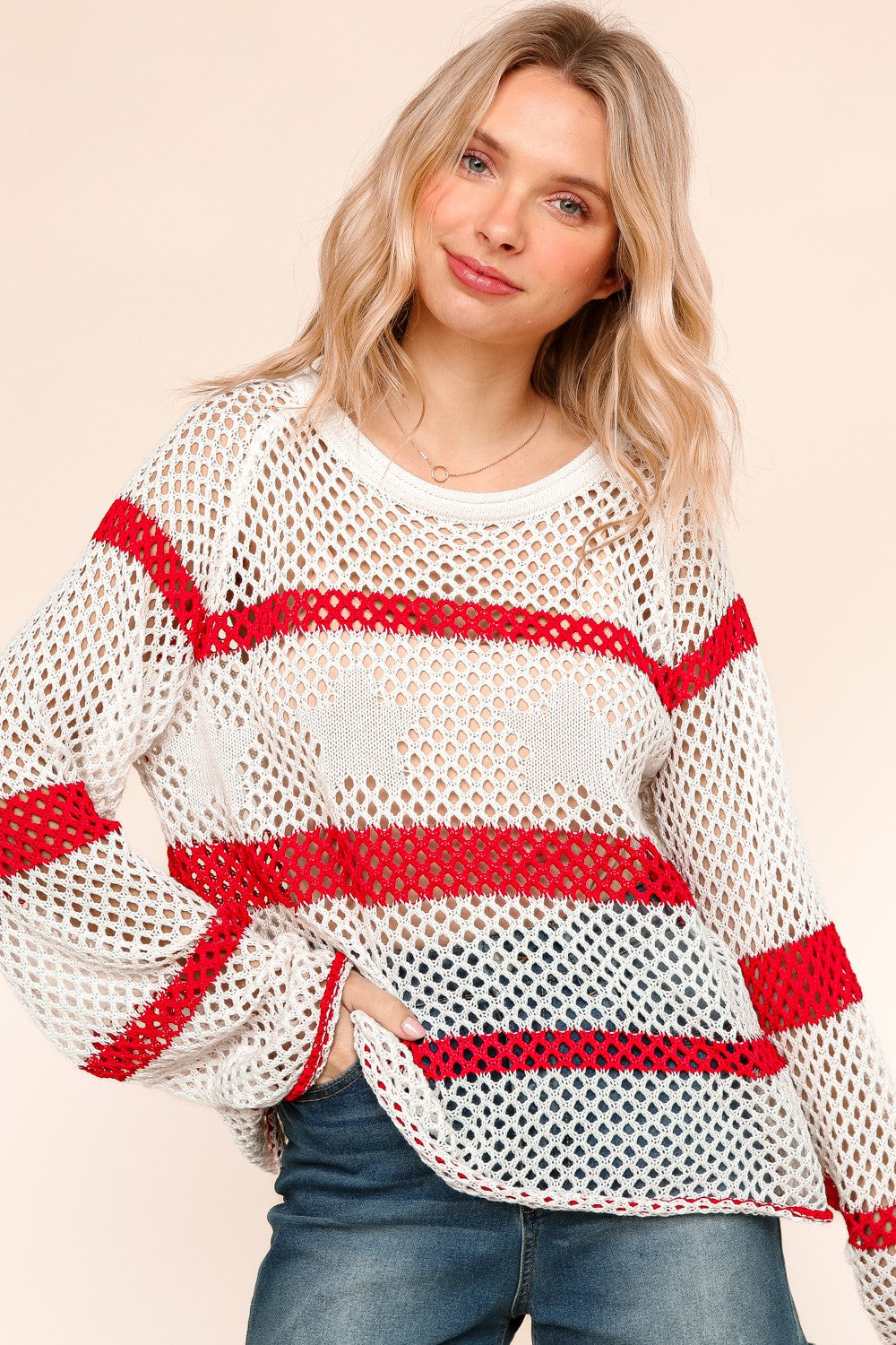 Red And White Striped Crochet Star Top