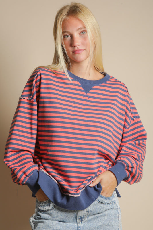 Coral And Navy Striped Oversized Top