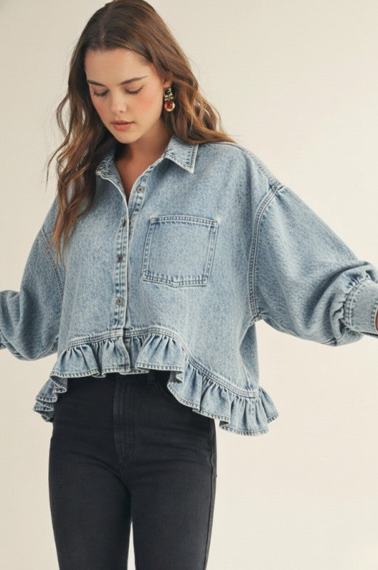 Washed Denim Ruffle Top